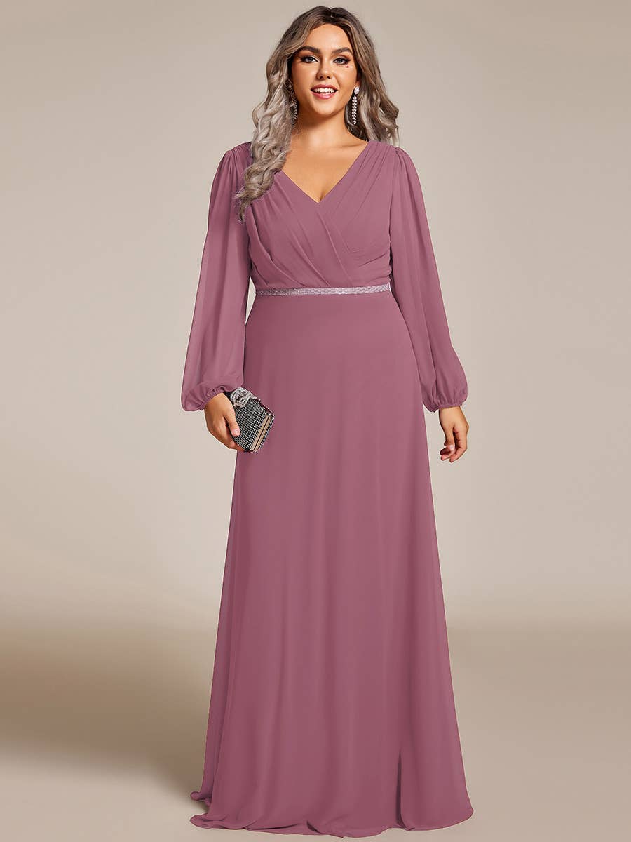 Ever-Pretty - Wholesale Gown - Women's - Elegant waisted chiffon V-neck Long Sleeve guest Dress56