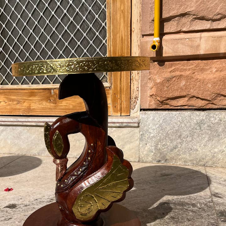 Hand-Carved Wooden Swan Side Table with Brass Detailing for wholesale by VIRATRA ART DECOR