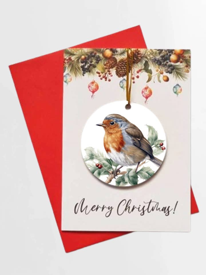Merry Christmas Christmas Robin Card + DETACHABLE BAUBLE for wholesale by Homemade Hollydays Wholesale