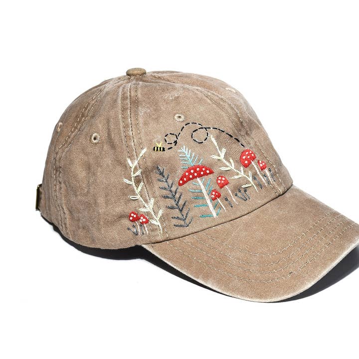 Mushroom Forest & Bee Embroidered Baseball Cap✅ for wholesale by Quince Fables