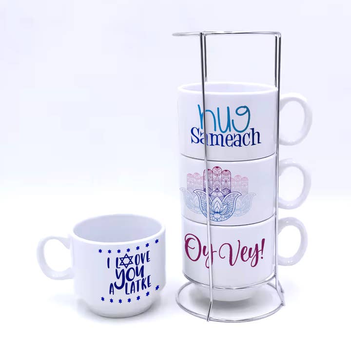 Stackable Ceramic 6 oz. Coffee Cup Set/Stand ~ JEWISH THEME for wholesale by Liane Fried Studio