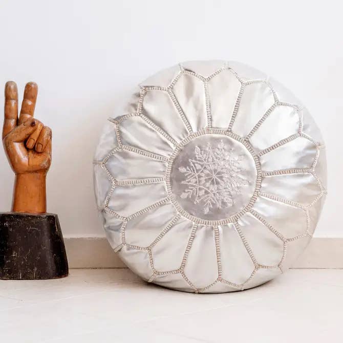 Moroccan Unstuffed Ottoman faux leather ottoman/Silver for wholesale by Terracotta Design LTD