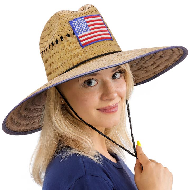 NATURAL NAVY BLUE American Flag Patch Vented Straw Lifeguard Hat for wholesale on Faire