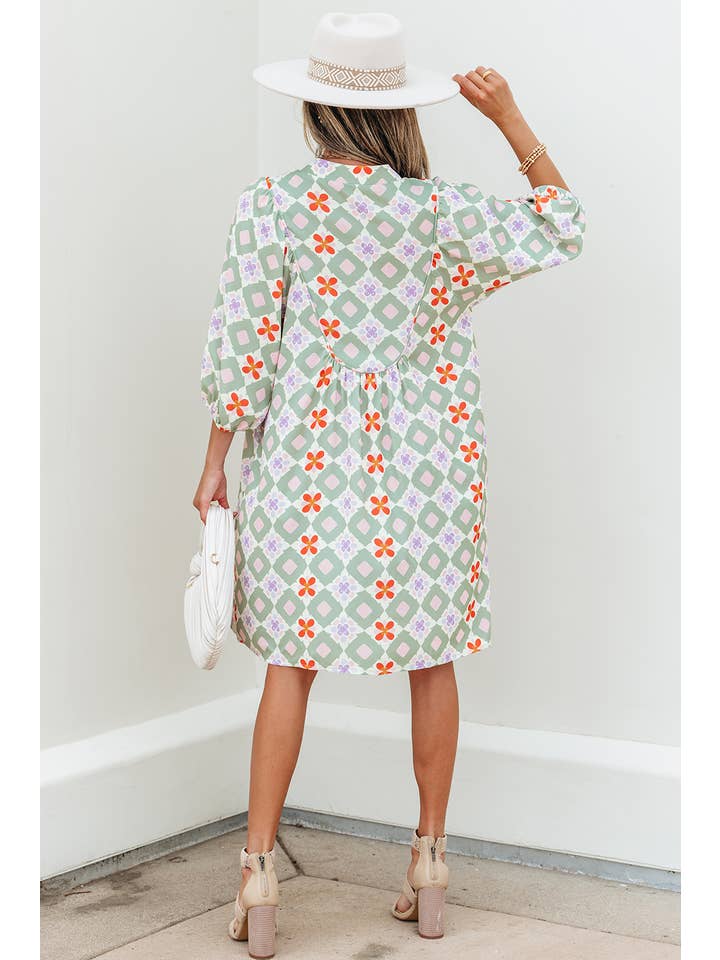 As shown Geometric Floral Print Notched Neck Mini Dress | S-XL for wholesale on Faire