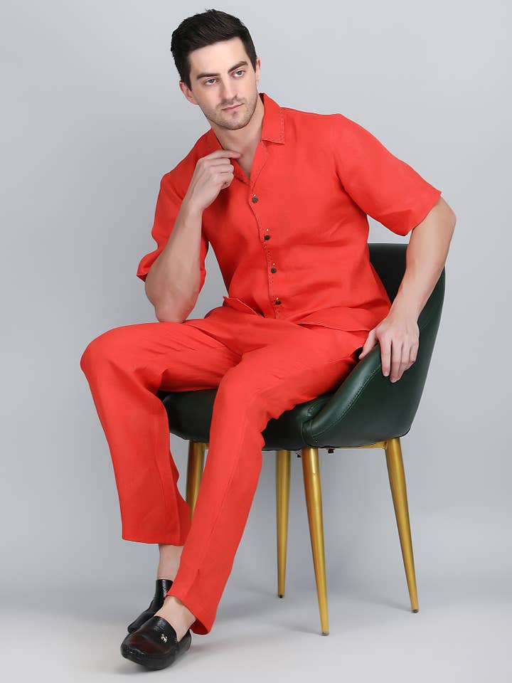 Men Orange Pure Linen Hand Emb Shirt with Pants Co-ord Set for wholesale by 1401 The Label