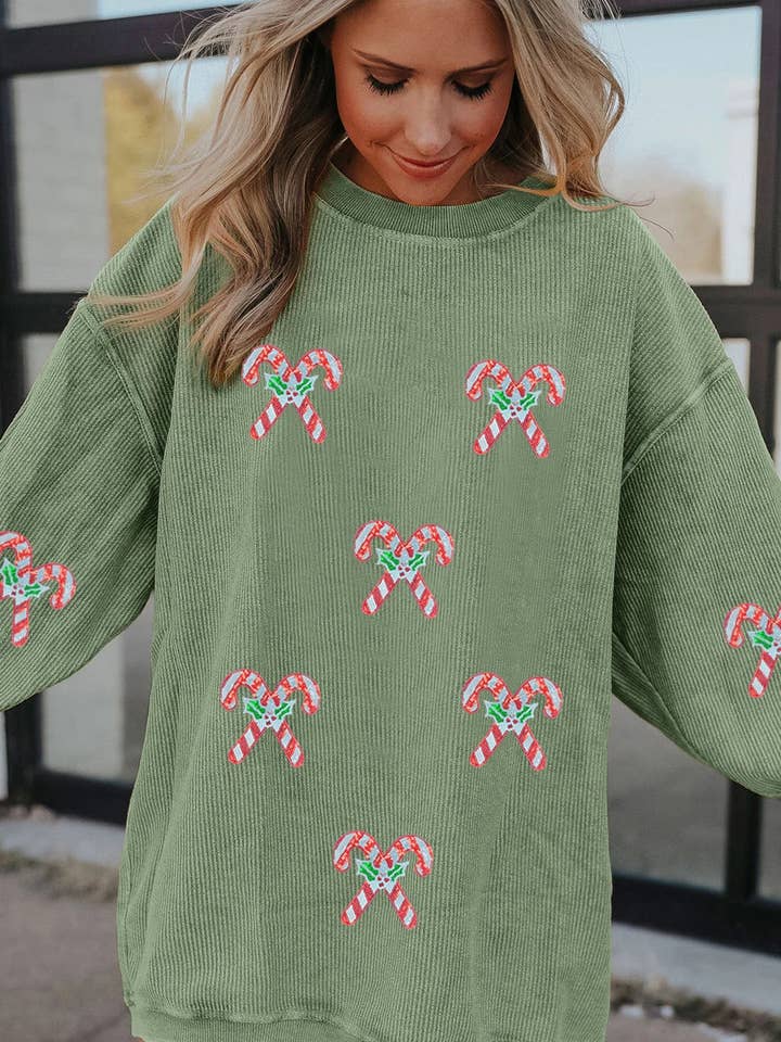 Grass Green Candy Cane Shimmer Patched Corded Baggy Sweatshirt for wholesale on Faire2