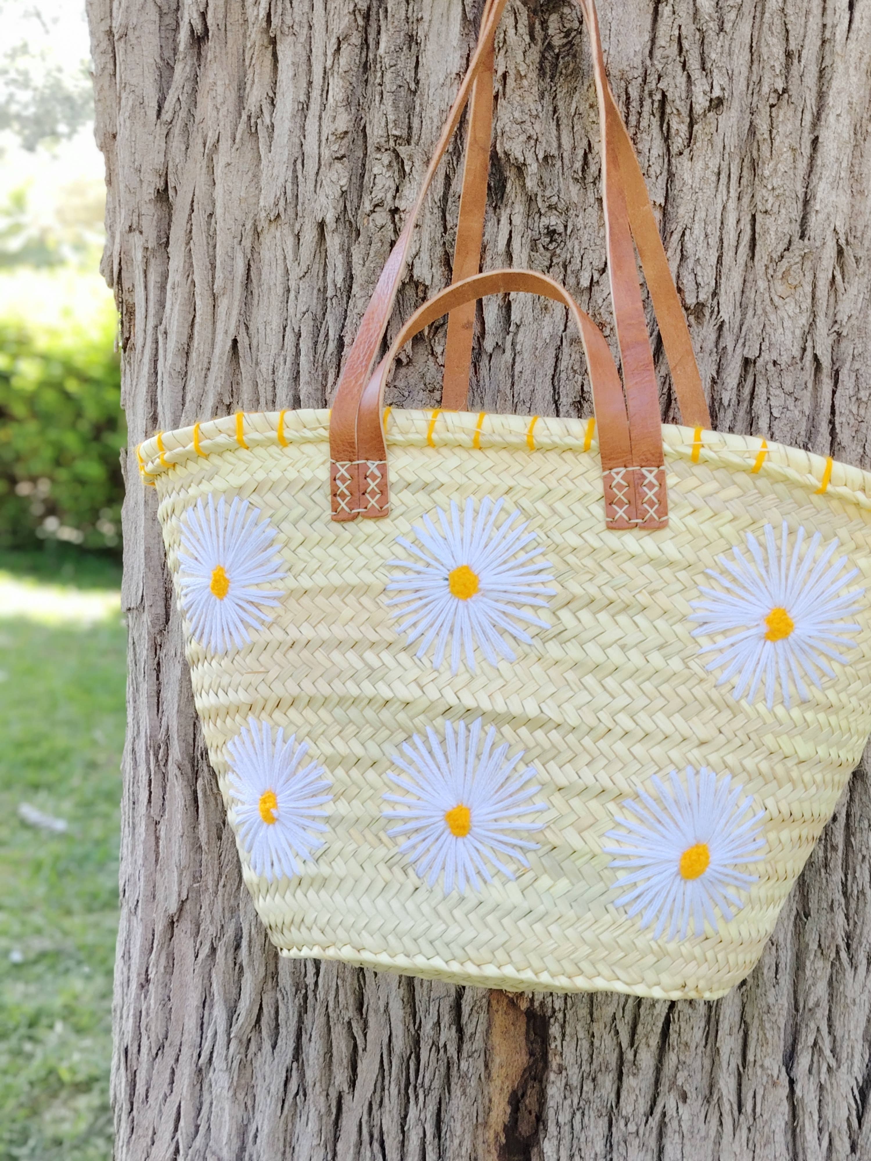 Twins Basket - Vente Sac de plage - Panier de marché en paille tressée à la main avec marguerites brodées10