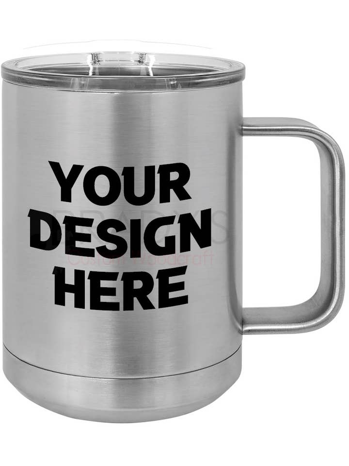 Tazza da caffè isolata in acciaio inossidabile con logo a colori personalizzato da 15 once per la vendita all'ingrosso da parte di Brady's Custom Woodcraft LLC