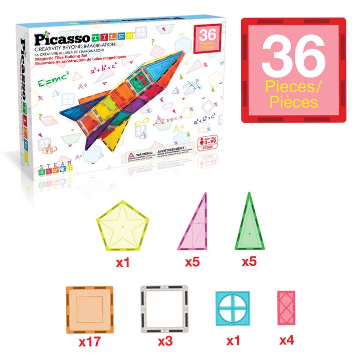 PicassoTiles - Vente Jeu construction – enfant - Ensemble de fusées 36 pièces PicassoTiles Ensemble de blocs de construction magnétiques2