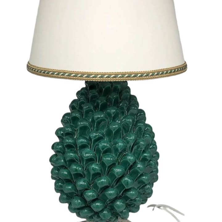 DD Ceramiche Siciliane - Vendita all'ingrosso Lampada da scrivania/d'accento - Lampada Pigna Ceramica Caltagirone cm H.30 Artigianale Verde Cristallo Base Decorata