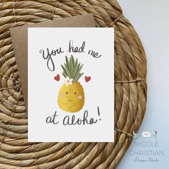 You Had Me at Aloha Greeting Card - Pineapple Love Valentine for wholesale by Nicole Christian - Illustration