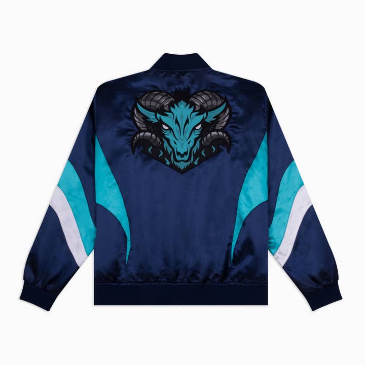 Chaqueta de satén Billy Goat, azul marino. • Parte delantera y trasera para venta al por mayor de Dolly Noire