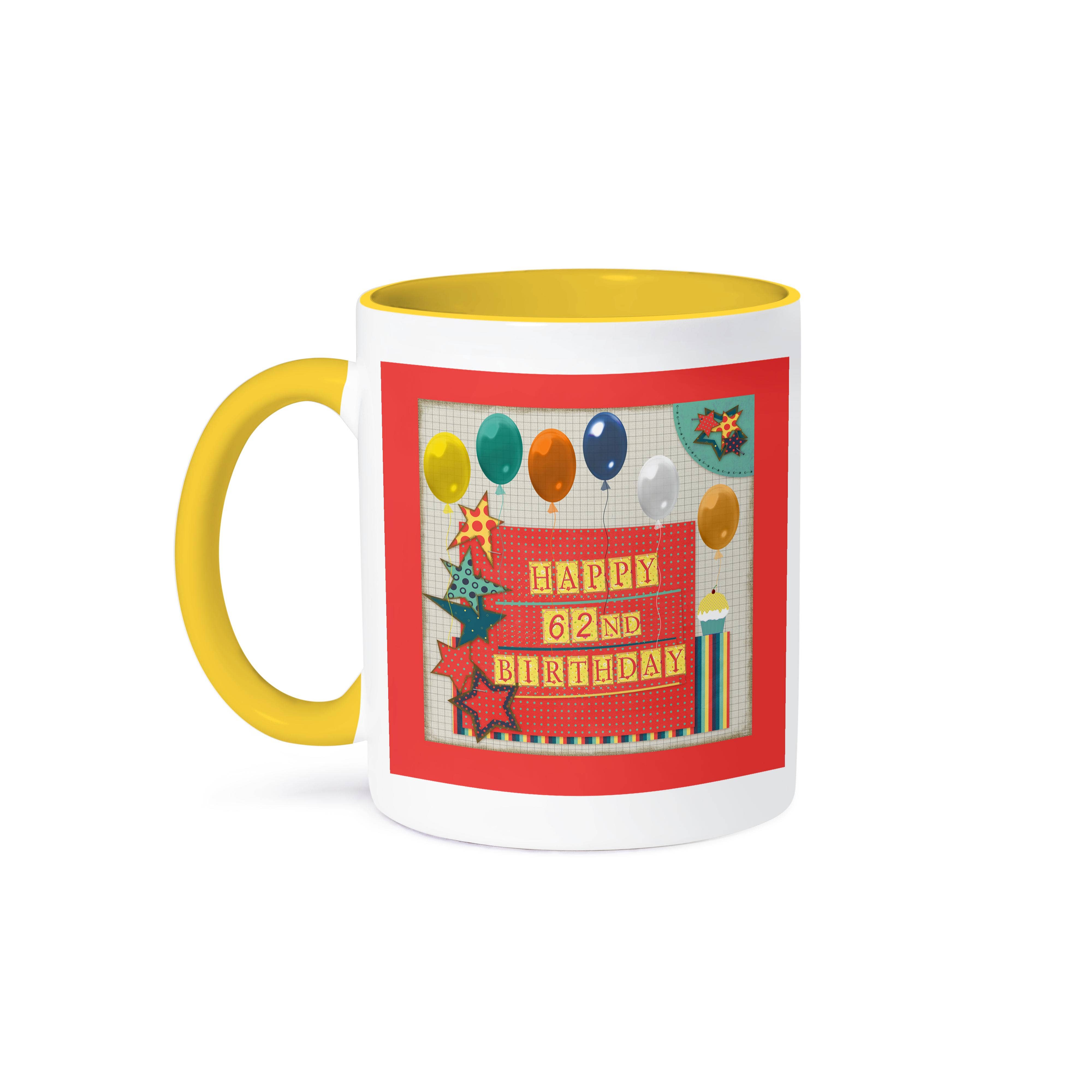 3dRose - Vendita all'ingrosso Tazza - 3dRose, 62° Compleanno, Palloncini, Cupcake, Stelle, Lettera a Blocchi, Arancione, Verde, Tazza0