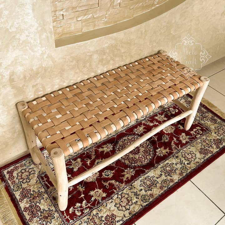 Melecraft - Wholesale Bench - Wicker Wood Leather bench, Handmade Bench, Wood Work Bench0