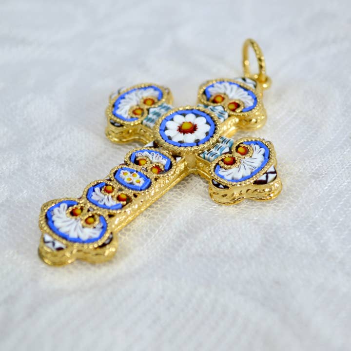Via Graceffo - Wholesale Pendant/Charm Necklace - Florentine Glass Mosaic Cross Pendant, Crafted In Italy