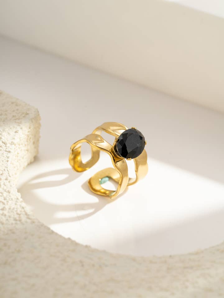 Adjustable gold-plated steel ring with open design and large crystal for wholesale by COSMOS