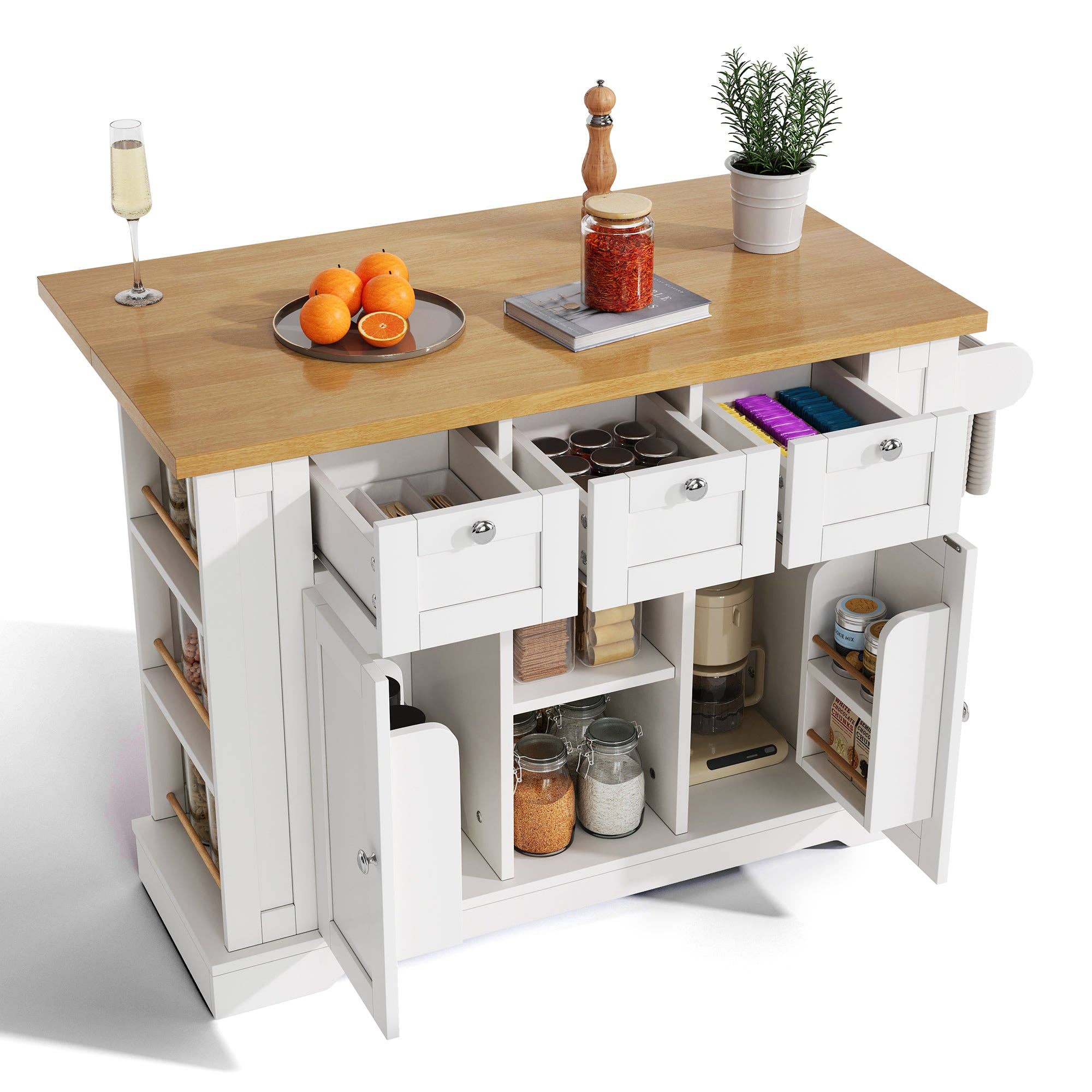 Urban Meuble - Wholesale Kitchen Storage/Organizer - White kitchen island with wood effect, extendable top, storage, and USB ports AMYLOPECT23