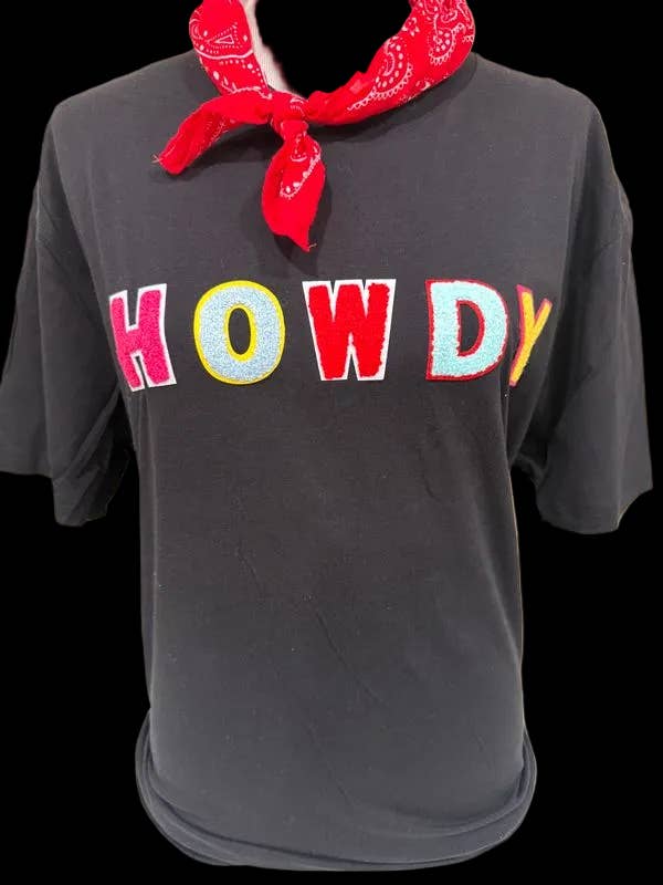 Chenille Howdy on Black Crew / Western for wholesale by Bling-A-GoGo, LLC