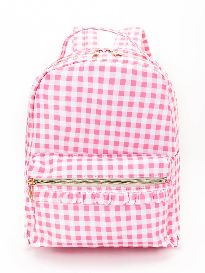Pink Plaid Ruffle Girls Backpack for wholesale by sassy kids palace