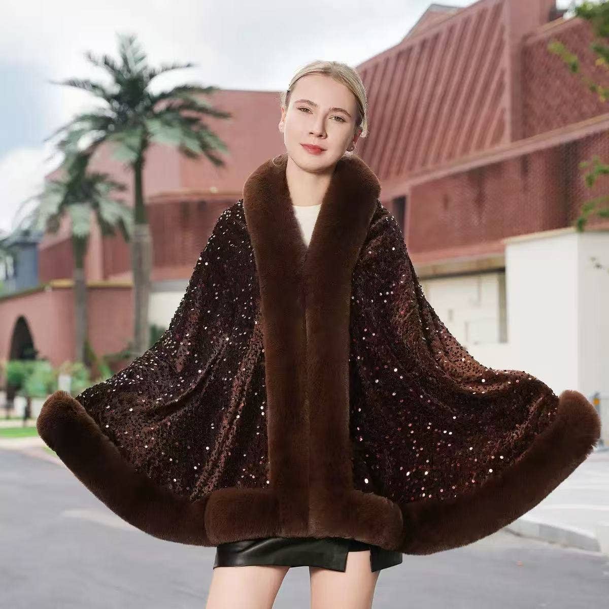 PEACH ACCESSORIES - Wholesale Cape - Women's - Elegant Sequin Cape Wrap with Plush Faux Fur PE4009