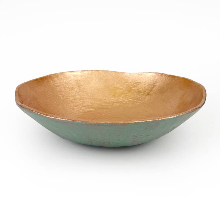 Cast Metal Turquoise Copper Finish Decorative Bowl 15in for wholesale by Andaluca