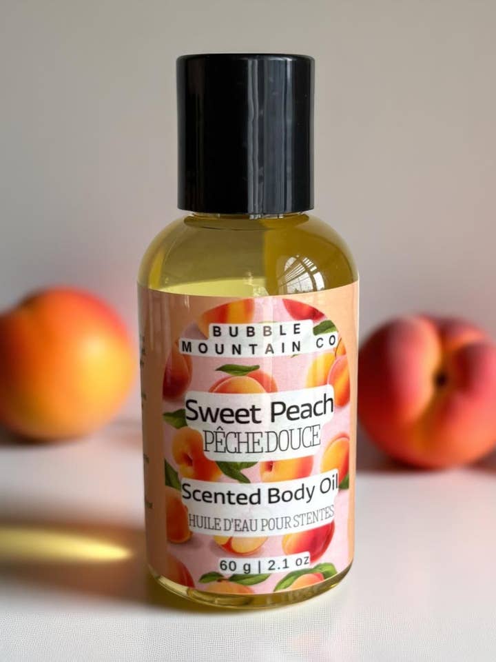Sweet Peach Body Oil for wholesale by Bubble Mountain Co