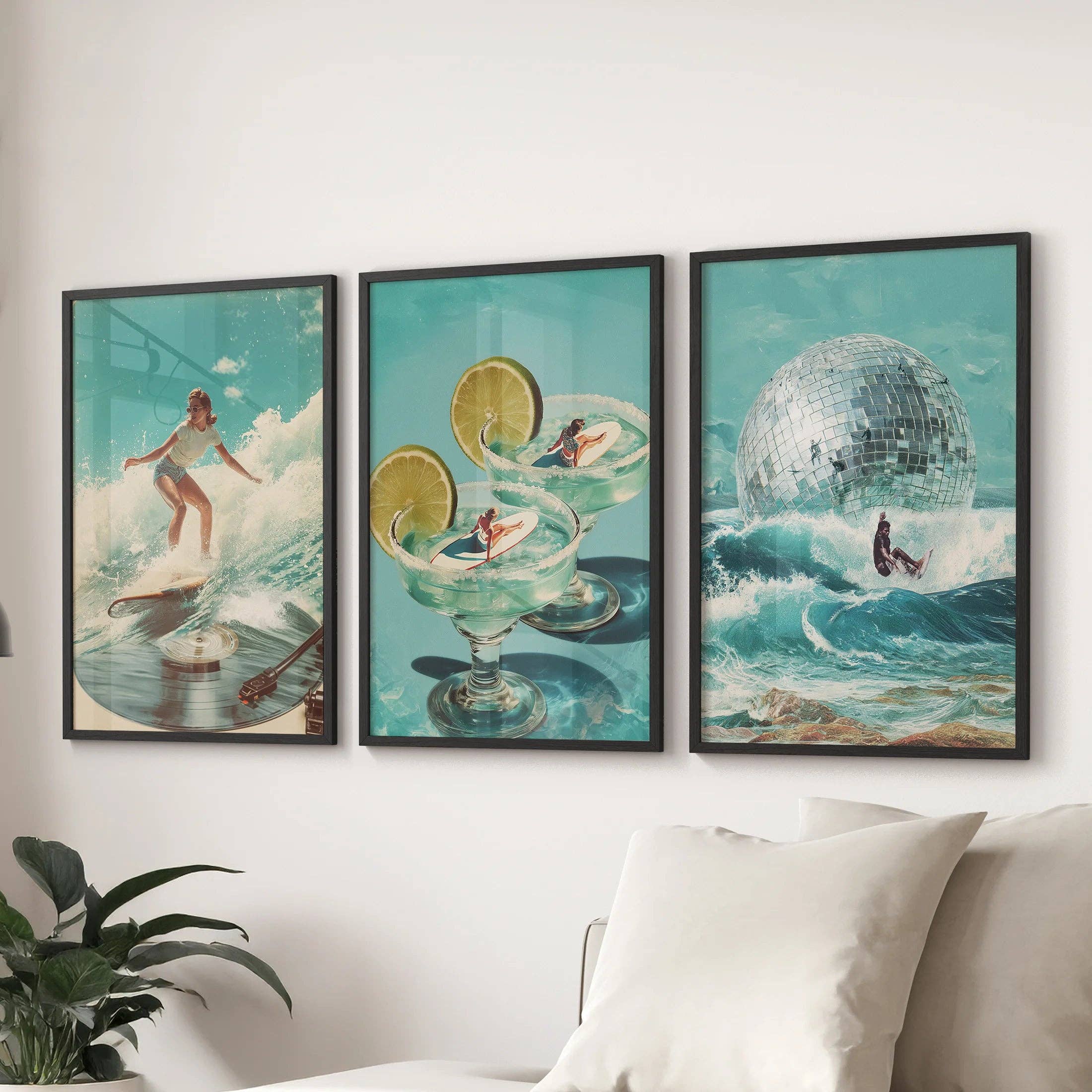 PrintSets.com - Wholesale Gallery Wall Set - Retro Coastal Surfing Wall Art Set of 3. Surreal Blue Wave5