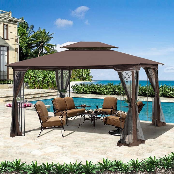 Brown Outdoor Patio Gazebo with Ventilated Roof & Mosquito Net for wholesale on Faire1