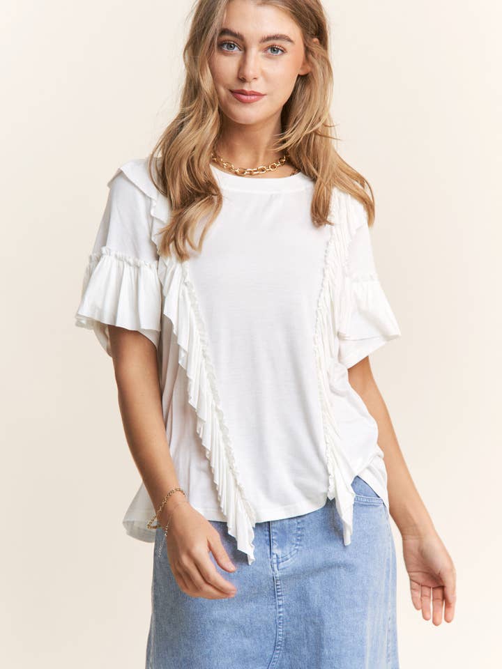 J.NNA - Wholesale Shirt - Women's - Round Neck V Ruffle Knit Top
