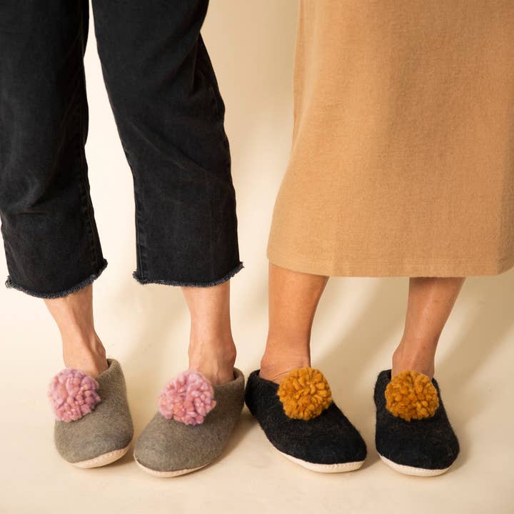 MULXIPLY - Venta al por mayor Zapatillas para casa - Mujer - Zapatillas de Fieltro con Pompones en Gris Oscuro y Dorado Talla Pequeña