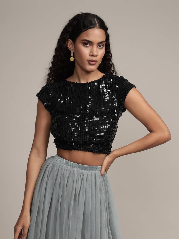 Elaine Black Sequin Top for wholesale by Lace & Beads