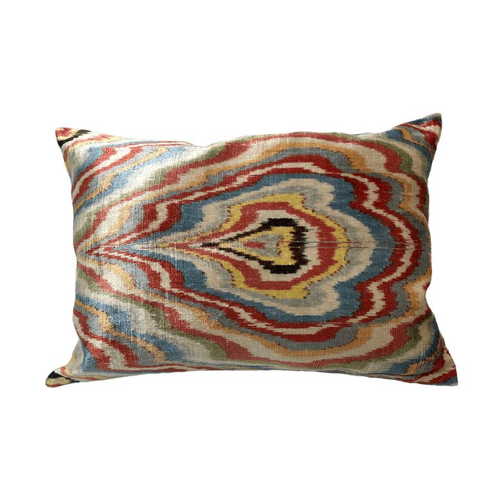 Silk Velvet Ikat Pillow - Rust, Blue & Ivory for wholesale by Turkish Towel Collection