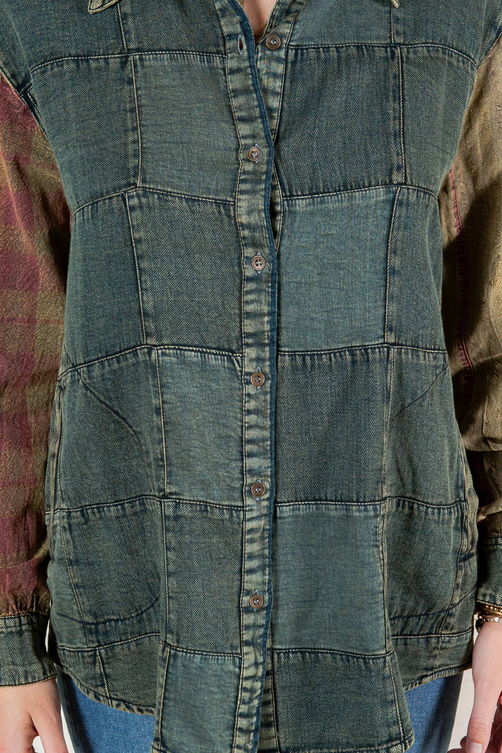 Young Threads - Wholesale Button Down Shirt - Women's - Western Boho Chic: Patchwork Denim Buttondown Shirt 4