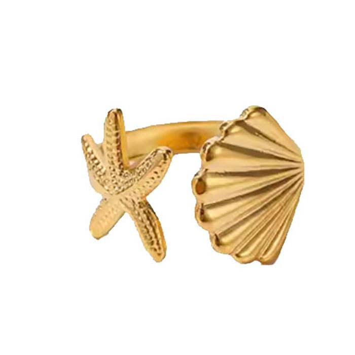 LOUIZ - Wholesale Cocktail/Statement Ring - Ring with Starfish and Shell - Stainless Steel0