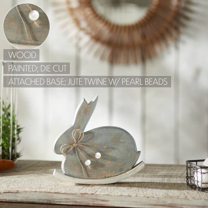 VHC Brands - Wholesale Decorative Tabletop Object - Bunny Hop Wooden Bunny w/ Pearl Beads & Rocker Base 7.5x7.5x1.5