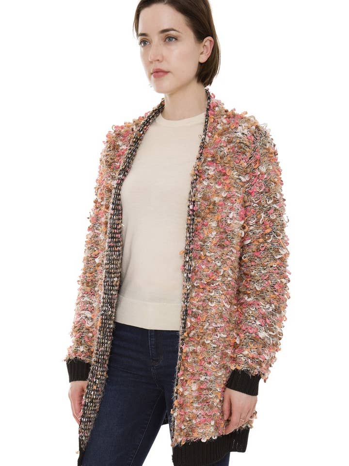 Fashion City - Wholesale Cardigan - Women's - Confetti Boucle Open Front Long Cardigan Sweater4