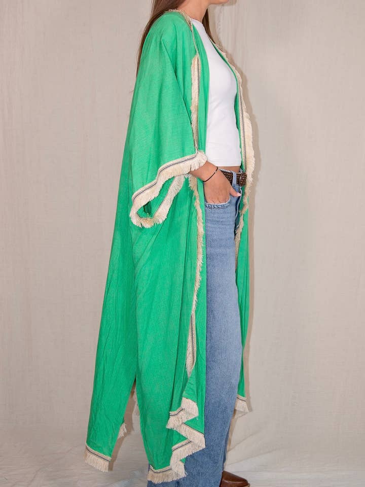 Linen Kimono in Green with Fringe Trim for wholesale by Gipcco Design