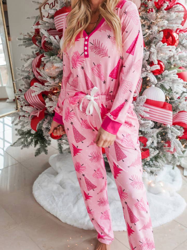 Pink V Neck Buttoned Pullover and Drawstring Pants Lounge Set for wholesale on Faire