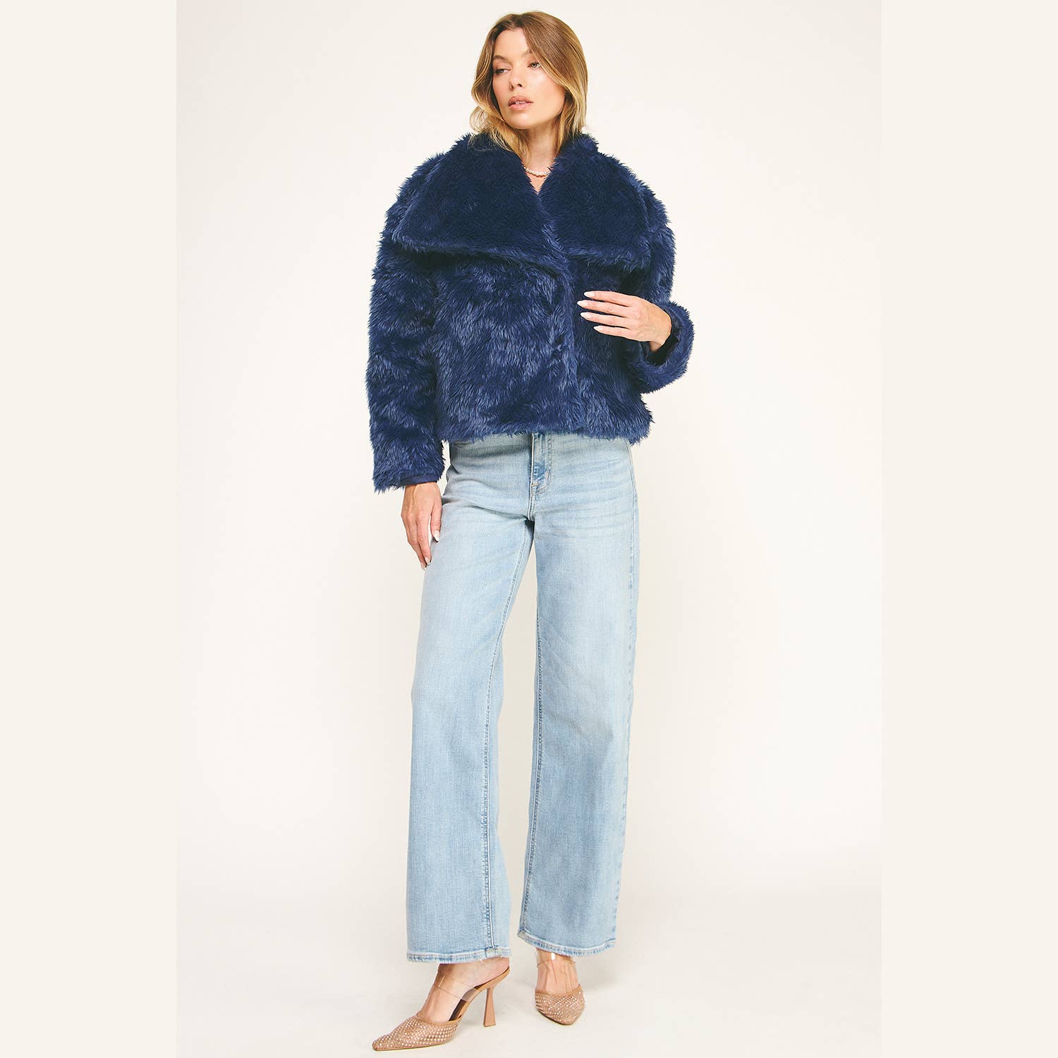LUXE NAVY FAUX FUR CROPPED JACKET for wholesale on Faire7