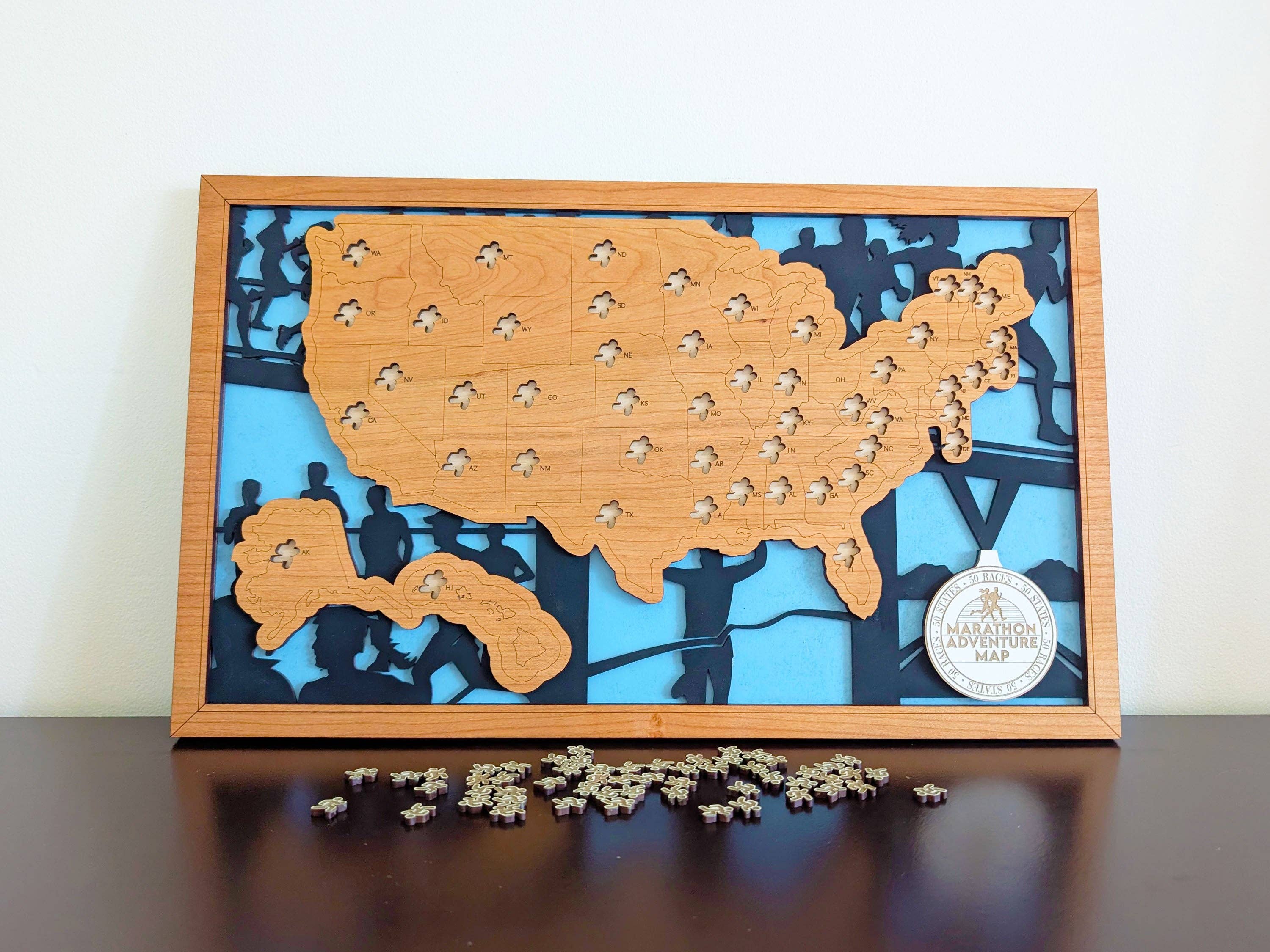 Roots & Routes Co - Wholesale Wall Accent - 50 States of Marathons Adventure Map — Handcrafted Running Tracker