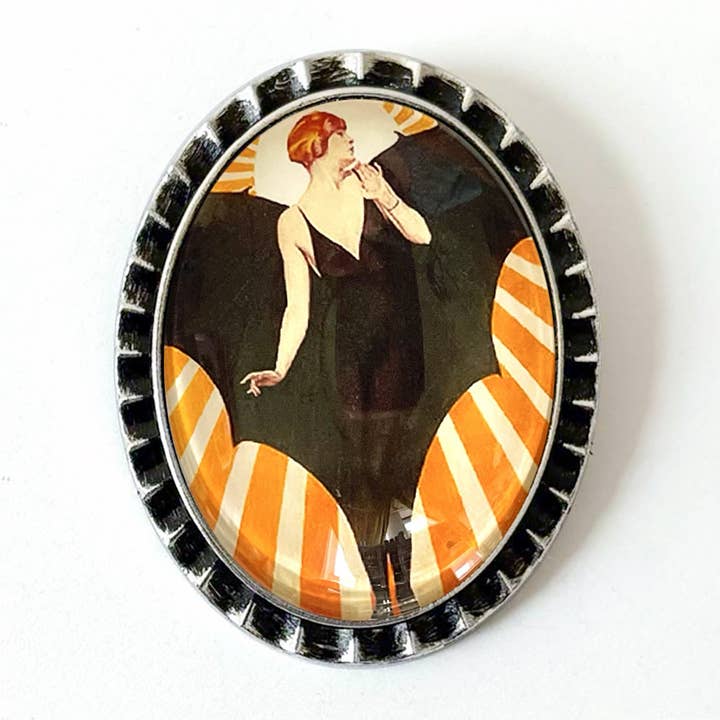 Art Deco Bat Woman Brooch Antiqued Silver Vintage Halloween for wholesale by Asunder Bazaar