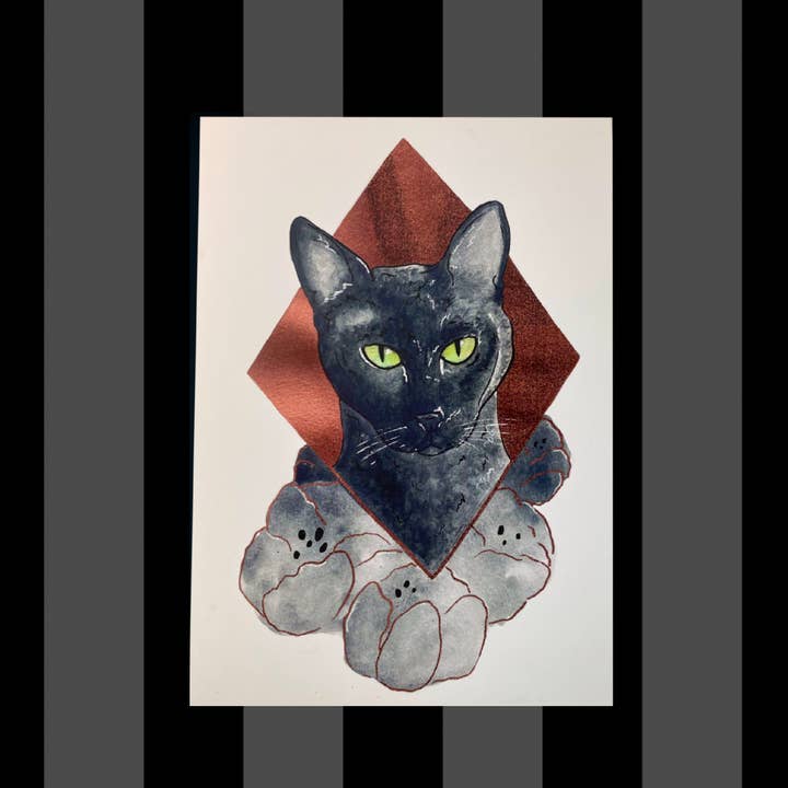 Schwarze Katze Florales Bronze Haustierporträt Aquarelldruck für den Großhandel von Fiat Lux Illustration