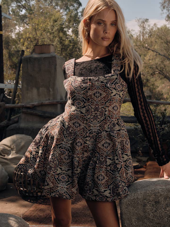 Ornate Jacquard Tapestry Tiered Wide-Leg Romper for wholesale by Promesa USA