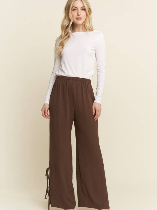 HEIMISH - Wholesale Pants - Women's - EP6871-10 ELASTIC WAIST SOLID WIDE LEG PANTS WITH SIDE TIE4