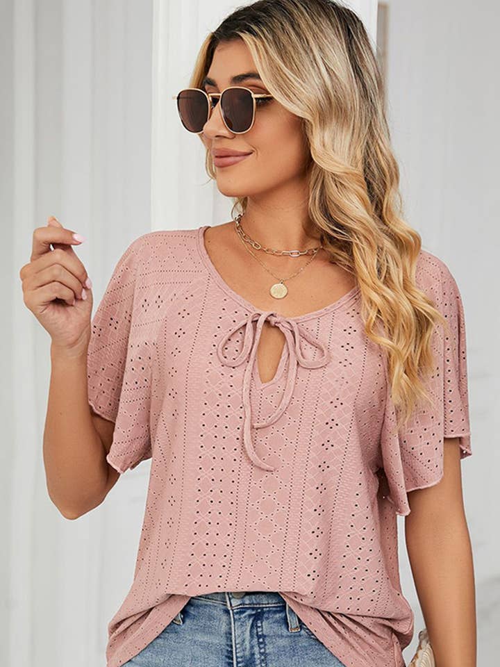Lily Clothing - Wholesale Blouse - Women's - CWTTS0472_V NECK PUNCHING LACE UP RUFFLE LOOSE TOP14