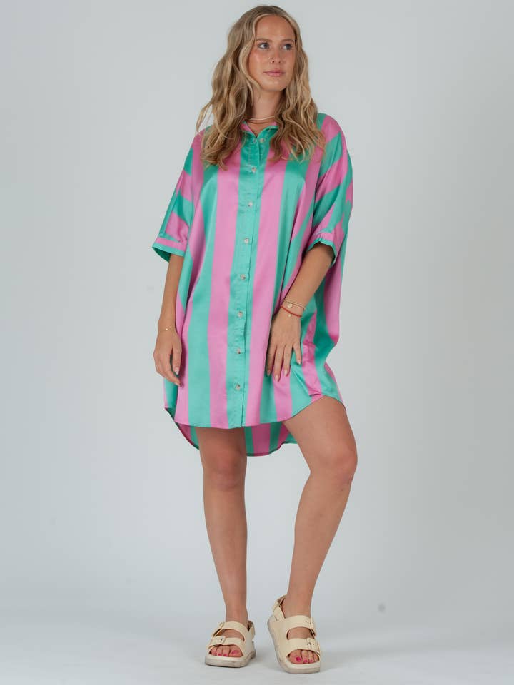 Rugby Stripe Satin Short Sleeve Button Down Shirt Tunic for wholesale by Lucca Couture