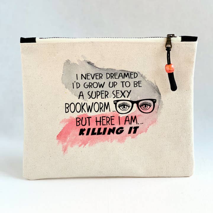 Canvas painted zip bag SMALL - super sexy bookworm for wholesale by Pretty Clever Words