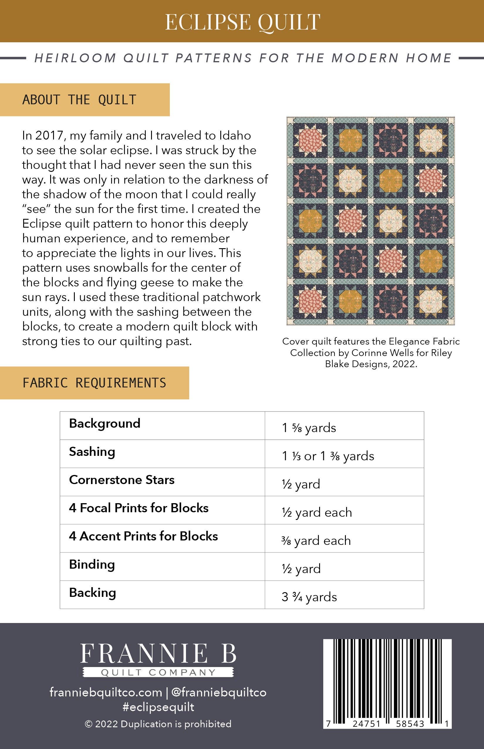 Frannie B Quilt Company - Wholesale Craft Sewing Kit - Eclipse Quilt Pattern1