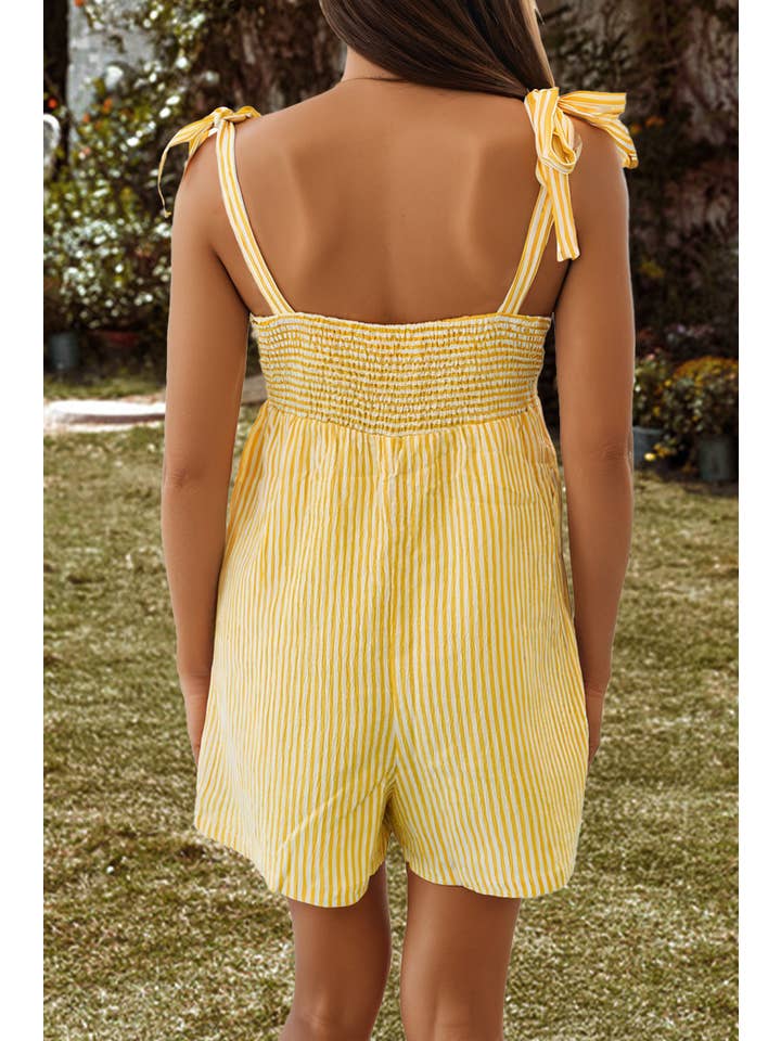 As shown Stripe Shoulder Tie Smocked Back Wide Leg Casual Romper for wholesale on Faire