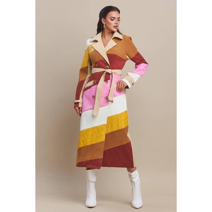 Trench-coat en cuir avec empiècements en daim de couleur contrastée pour la vente par omgstyles